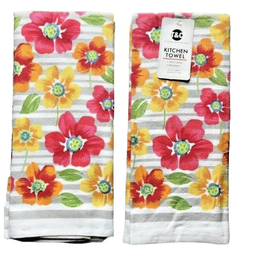 Town & Country Floral Set of 2 Kitchen Dish Towels 17x28 Absorbent 100% Cotton